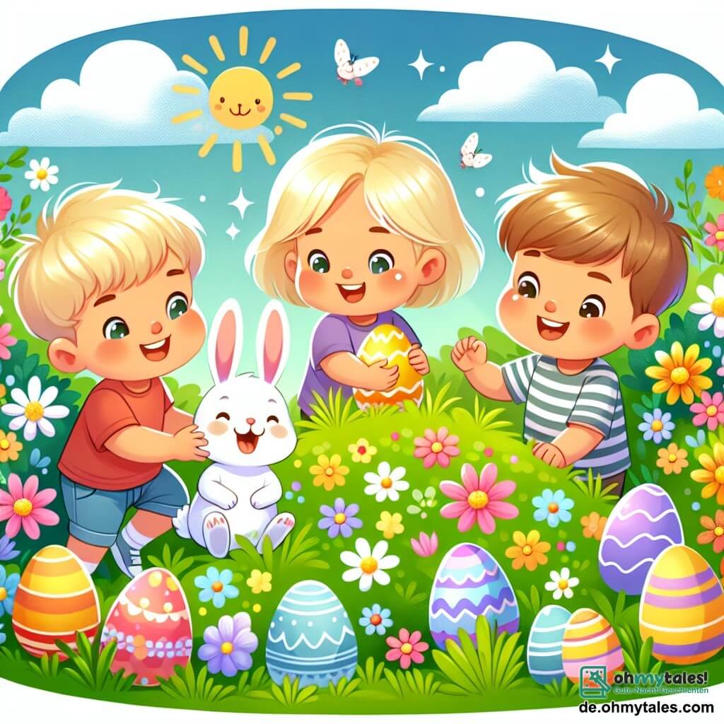 Une illustration sous forme de dessin destinée aux enfants représentant un jardin coloré rempli de fleurs éclatantes et d'œufs de Pâques, où un groupe de trois enfants de 1 an, deux garçons aux cheveux blonds et une petite fille aux cheveux bruns, s'amusent à chercher des œufs cachés dans l'herbe, tandis qu'un petit lapin aux grandes oreilles blanches les observe avec un sourire joyeux, créant une atmosphère festive et magique de célébration de Pâques.