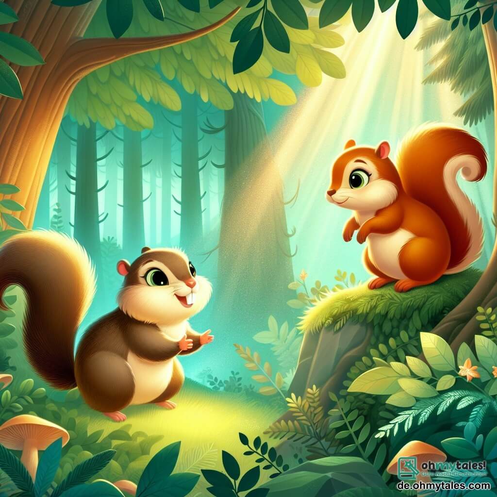 Une illustration destinée aux enfants représentant une charmante marmotte fille, curieuse et avide d'aventures, accompagnée d'un adorable écureuil garçon, explorant le magnifique et mystérieux Wald der Wunder, un bois enchanté où les rayons du soleil dansent à travers le feuillage verdoyant.