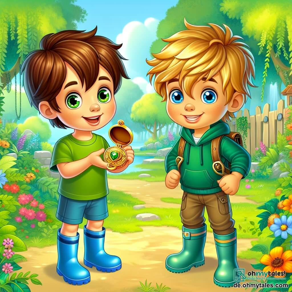 Une illustration sous forme de dessin destinée aux enfants représentant un parc coloré et ensoleillé, avec un garçon de 7 ans aux cheveux châtains et aux yeux pétillants, portant un t-shirt vert et des gummistiefel bleus, qui tient un médaillon doré dans ses mains, entouré de son meilleur ami, un garçon souriant avec des cheveux blonds en bataille, tous deux en pleine enquête pour retrouver le propriétaire de l'objet mystérieux, tandis qu'en arrière-plan, des arbres verdoyants et des fleurs éclatantes ajoutent une touche de magie à cette scène d'aventure.