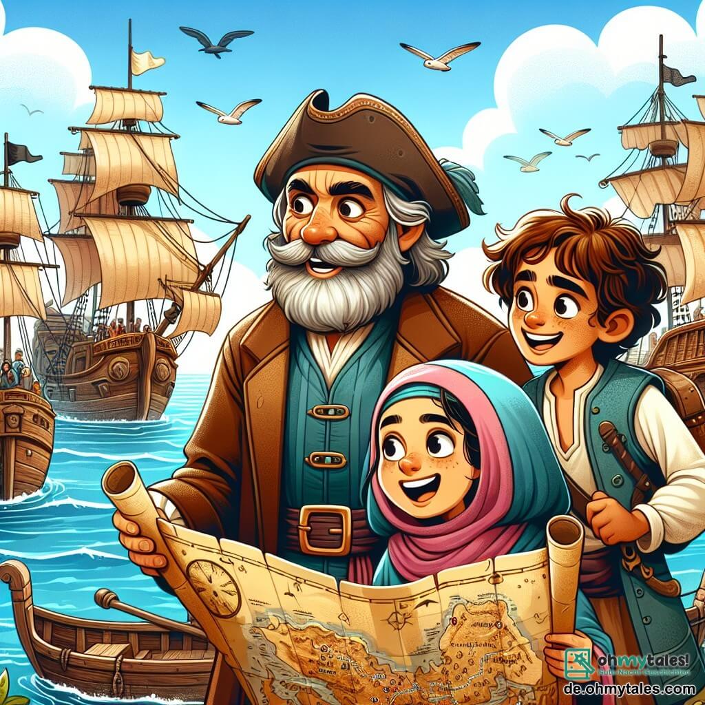 Une illustration sous forme de dessin destinée aux enfants représentant un vieux port animé avec des bateaux en bois aux voiles colorées, où un homme au visage buriné et à la barbe grise, vêtu d'un manteau de pirate usé, tient une carte au trésor avec un regard déterminé, tandis qu'à ses côtés, une jeune fille espiègle aux cheveux bouclés et un jeune garçon costaud avec un sourire large l'observent avec excitation, alors qu'ils planifient leur prochaine aventure pour retrouver un trésor légendaire caché sur une île mystérieuse, le tout sous un ciel bleu parsemé de nuages blancs.