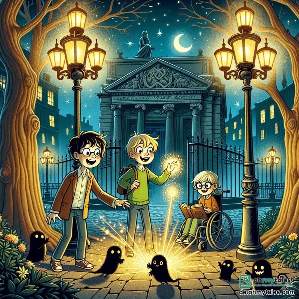 Illustration einer nächtlichen Szene in einem alten Park der Stadt Neopolis. Der Park ist von großen Bäumen mit schimmernden Blättern umgeben, und Straßenlaternen strahlen ein sanftes, goldenes Licht aus, das eine magische Atmosphäre schafft. In der Mitte steht ein altes, verlassenes Gebäude mit Wänden, die mit geheimnisvollen Symbolen bedeckt sind, und einer bläulichen Ausstrahlung.

Ein achtjähriger Junge mit zerzausten braunen Haaren und einem grünen T-Shirt steht vor dem Gebäude, seine Augen leuchten vor Aufregung. Neben ihm lächelt ein gleichaltriger Junge mit Brille und blonden Haaren begeistert, während er ein offenes Buch in den Händen hält. Ein drittes Kind, ein achtjähriges Mädchen im Rollstuhl, beobachtet aufmerksam die Symbole an der Wand, ihre Augen funkeln vor Intelligenz.

Die Hauptsituation zeigt den Jungen mit den braunen Haaren, der eines der Symbole berührt, während goldenes Licht von seinen Fingern ausgeht und die bedrohlichen Schatten, die aus dem Boden auftauchen, erhellt. Kleine schwarze Kreaturen, die wie Schatten aussehen, kriechen auf sie zu, aber das magische Licht weist sie zurück. Die Atmosphäre ist sowohl angespannt als auch hoffnungsvoll, mit funkelnden Sternen am Nachthimmel, die dieser fantastischen Szene einen Hauch von Geheimnis verleihen.