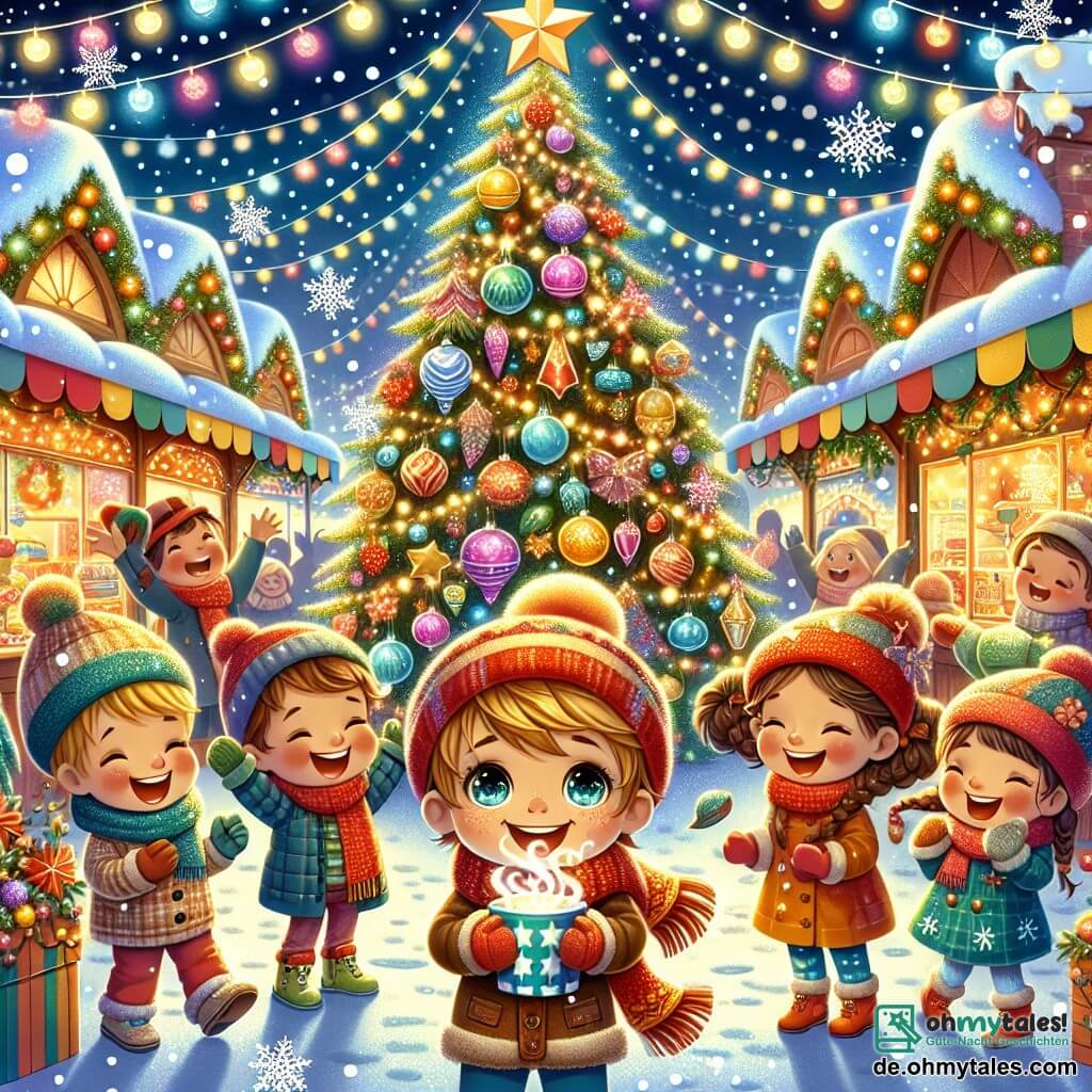 Eine Illustration zeigt einen lebhaften Weihnachtsmarkt mit bunten Ständen, die mit funkelnden Lichtern geschmückt sind. In der Mitte steht ein majestätischer Weihnachtsbaum, der in tausend Lichtern strahlt und mit bunten Kugeln und glitzernden Lichtern geschmückt ist, umgeben von sanft fallenden Schneeflocken. Ein siebenjähriger Junge mit blonden Haaren und funkelnden Augen lächelt fröhlich, während er einen großen Sternballon hält. Neben ihm lacht ein sechsjähriges Mädchen mit geflochtenen braunen Haaren und einer roten Mütze, während sie eine dampfende Tasse heißen Schokolades hält. Ein etwas größerer Junge mit Brille und braunen Haaren schaut den Baum bewundernd an, während ein kleinerer Junge mit rundem Gesicht und roten Wangen begeistert applaudiert. Die Szene zeigt die Kinder, die den Baum mit Girlanden und Sternen schmücken, umgeben von fröhlichen Familien, die Weihnachtslieder singen. Schneeflocken tanzen in der Luft und verleihen der festlichen Atmosphäre einen Hauch von Magie. Funkelnde Lichter erhellen den Nachthimmel und schaffen eine warme und fröhliche Stimmung.