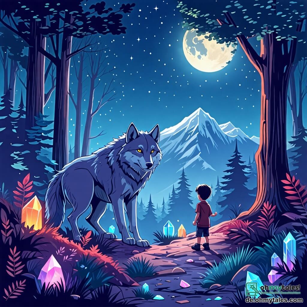 Eine Illustration zeigt eine verzauberte Lichtung auf dem Gipfel eines majestätischen Berges, wo große Bäume mit funkelnden Blättern unter einem sternenklaren Himmel stehen. Das Mondlicht beleuchtet die Landschaft und lässt bunte Kristalle auf dem Boden glänzen, wodurch eine magische Atmosphäre entsteht. In der Mitte der Szene steht ein beeindruckender Werwolf mit silbernem Fell, das das Mondlicht einfängt. Seine Augen leuchten golden, und er hat eine stolze, schützende Haltung, als würde er über sein Territorium wachen. Er schaut aufmerksam umher, bereit, die Magie der Lichtung zu verteidigen. Neben ihm beobachtet ein etwa zehnjähriger Junge mit braunen Haaren und neugierigen Augen fasziniert. Er trägt eine abgewetzte Lederjacke und einen kleinen Rucksack, gefüllt mit Proviant für sein Abenteuer. Sein Gesichtsausdruck ist sowohl entschlossen als auch fasziniert, was seinen Wunsch zeigt, die Geheimnisse dieses magischen Ortes zu entdecken. Die Hauptsituation zeigt den Werwolf und den Jungen, die einer unsichtbaren Bedrohung gegenüberstehen, symbolisiert durch einen dunklen Schatten im Hintergrund, was einen Kampf zwischen Licht und Dunkelheit andeutet. Lichtstrahlen emanieren von den Kristallen und erleuchten das Gesicht des Jungen und das Fell des Werwolfs, wodurch ein auffälliger Kontrast zwischen Gut und Böse entsteht. Funkelnde Sterne am Himmel verleihen dieser fesselnden Szene einen Hauch von Magie.