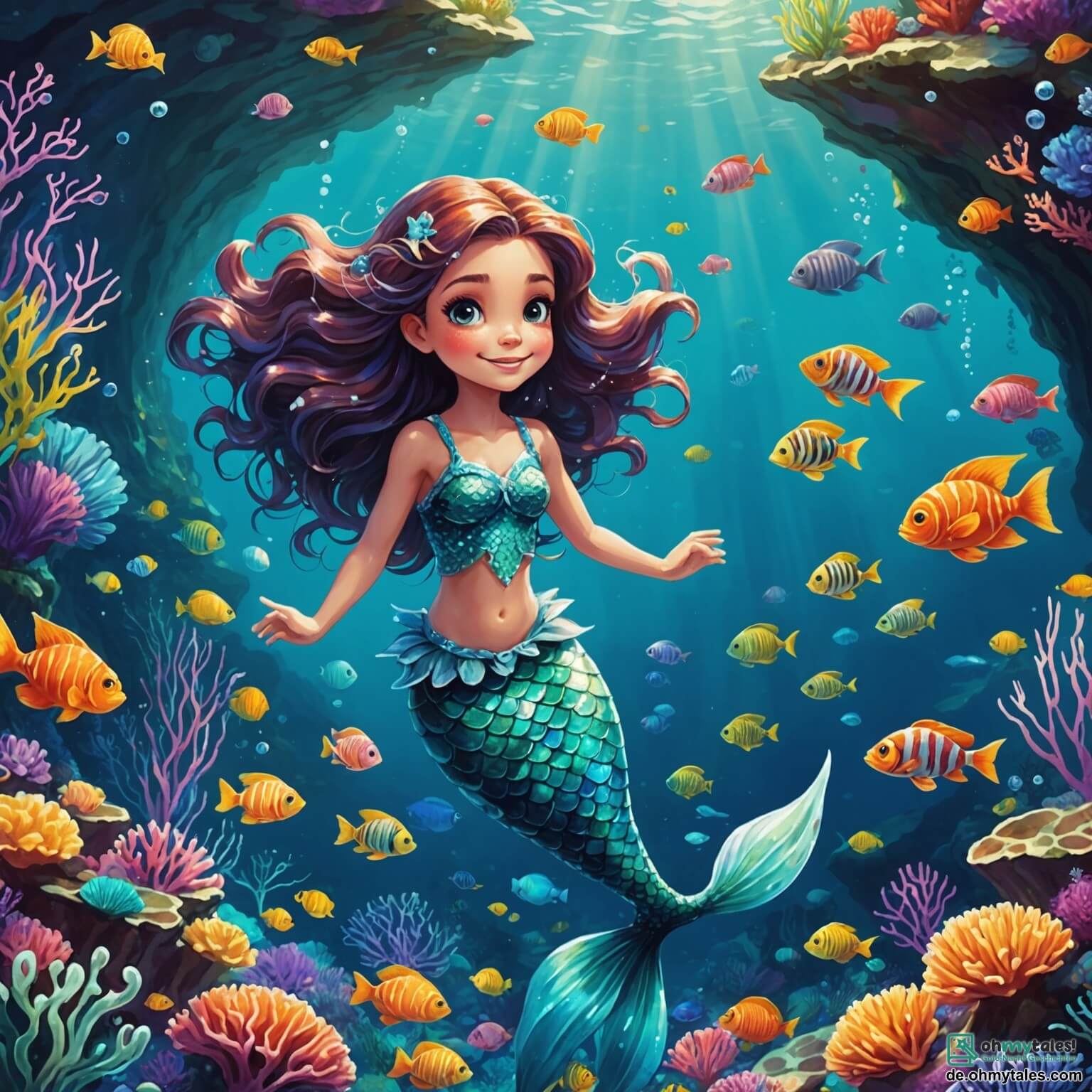 Une illustration destinée aux enfants représentant une sirène aux écailles scintillantes comme des diamants, aux cheveux flottants tels des algues dans l'eau, qui se retrouve dans une grotte sous-marine remplie de coraux colorés et de poissons multicolores, où elle doit aider un petit poisson clown, timide et farceur, à retrouver son sourire perdu dans les profondeurs turquoise de l'océan.