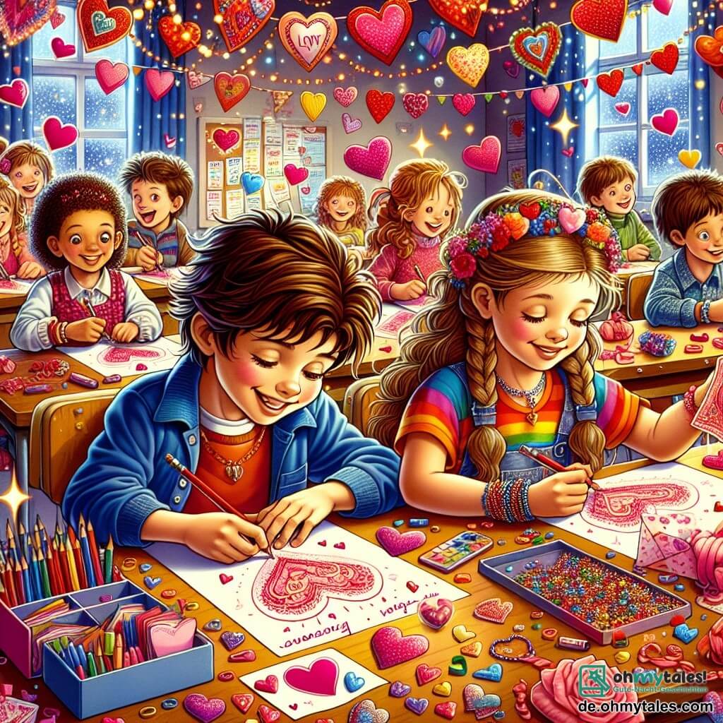 Illustration eines bunten Klassenzimmers, geschmückt mit Papierherzen und festlichen Girlanden zur Feier des Valentinstags. In der Mitte sitzt ein 11-jähriger Junge mit zerzausten braunen Haaren und einem breiten Lächeln an seinem Schreibtisch, umgeben von handgemachten Karten, und zeichnet begeistert eine herzförmige Karte. Neben ihm beobachtet ein 11-jähriges Mädchen mit langen, blauen geflochtenen Haaren, das ein buntes T-Shirt trägt, bewundernd und hält eine kleine Schachtel mit Perlen, bereit, ein Armband für ihren Freund zu basteln. Im Hintergrund tauschen andere Kinder Karten aus und lachen, was eine fröhliche und freundliche Atmosphäre schafft. Glitzernde Herzen und Sterne schweben in der Luft und verleihen dieser Szene von Kameradschaft und Kreativität einen magischen Touch.