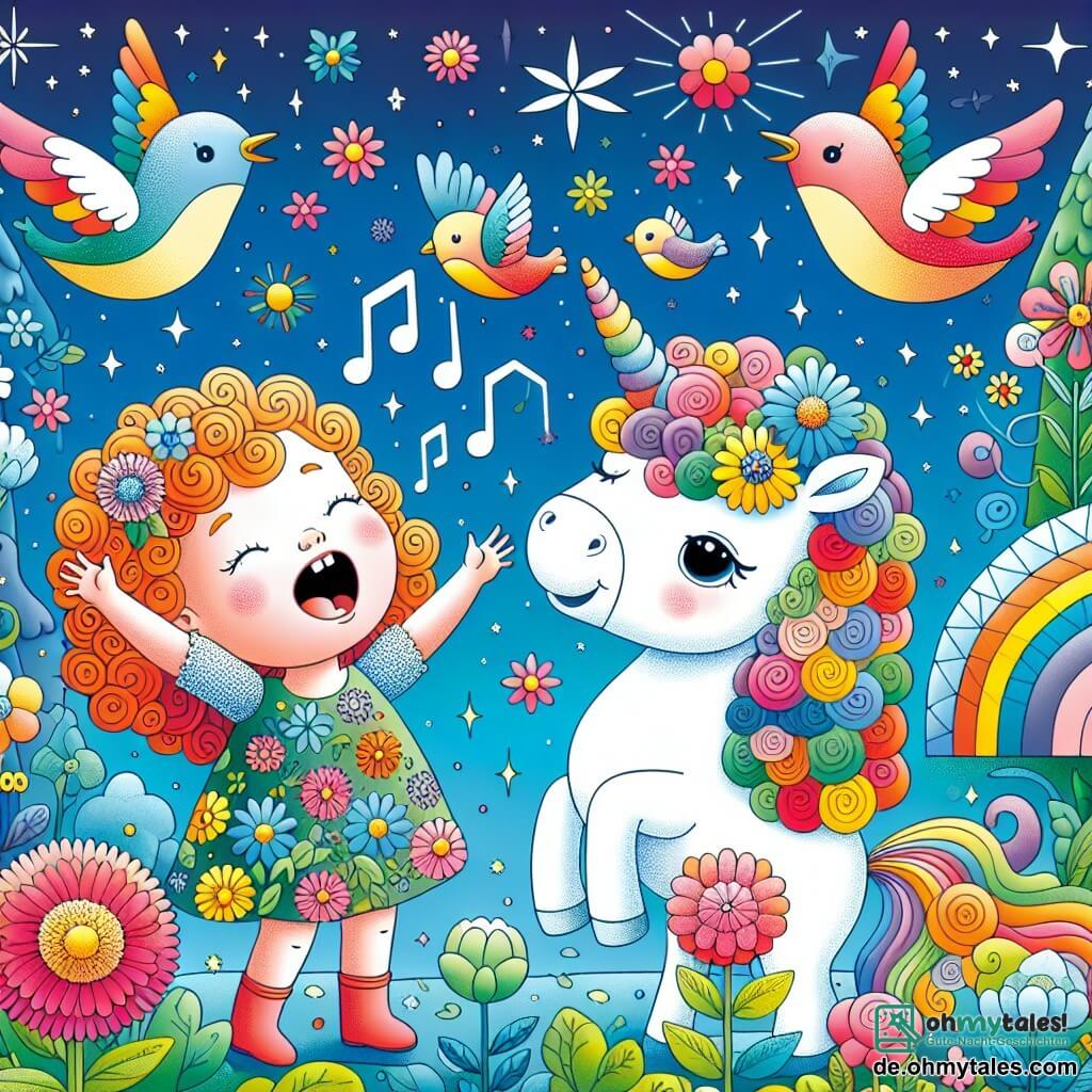 Une illustration sous forme de dessin destinée aux enfants représentant une scène enchantée dans un lumineux et coloré jardin, où une petite fille de 3 ans aux cheveux roux et bouclés, vêtue d'une robe à fleurs, chante joyeusement pour un majestueux petit unicorn au pelage blanc et à la crinière scintillante, tandis que des fleurs multicolores dansent autour d'eux et que des oiseaux aux plumes éclatantes volent dans le ciel bleu, capturant l'instant où ils unissent leurs forces pour partir à l'aventure et retrouver les amis perdus de l'unicorn.