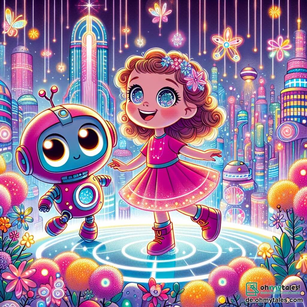 Une illustration sous forme de dessin destinée aux enfants représentant une ville futuriste colorée avec des bâtiments scintillants et des arbres lumineux, où une petite fille de 3 ans aux cheveux bouclés et aux yeux pétillants, vêtue d'une robe rose, danse joyeusement au milieu de fleurs flottantes, tandis qu'un petit robot rond avec de grands yeux brillants l'observe avec enthousiasme, capturant l'instant magique où ils découvrent ensemble le secret des fleurs volantes dans leur quête pour sauver la couleur de leur ville.