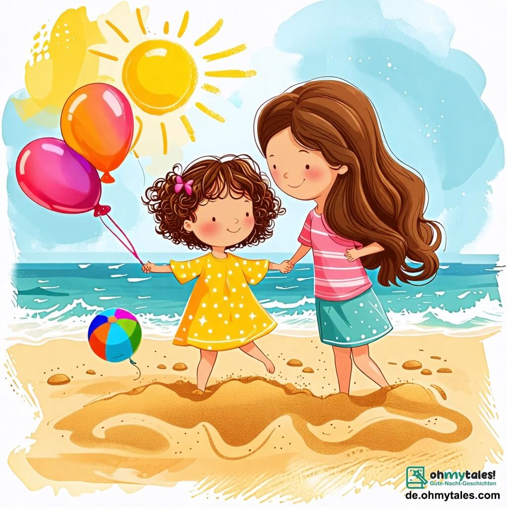 Une illustration sous forme de dessin destinée aux enfants représentant une plage ensoleillée avec du sable doré et des vagues douces, où une petite fille de 2 ans aux cheveux bouclés et aux yeux pétillants joue joyeusement dans le sable, entourée de sa maman, une femme souriante aux cheveux longs et bruns, qui la regarde avec tendresse, tandis qu'un ballon coloré roule près d'elles, capturant l'instant de bonheur simple et insouciant d'une journée d'été au bord de la mer.