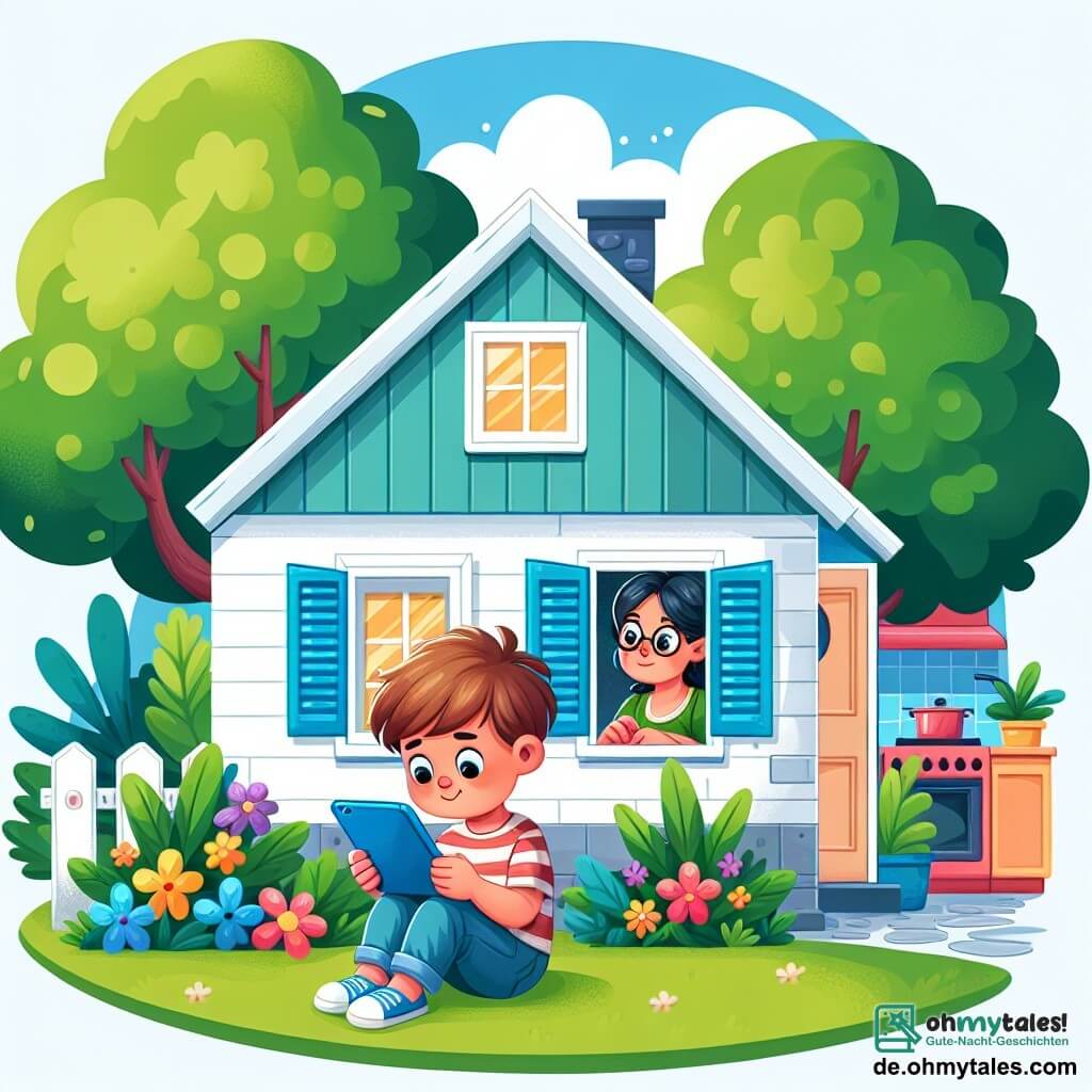 Une illustration destinée aux enfants représentant un garçon, absorbé par un écran lumineux, tandis qu'une maman inquiète observe la scène depuis la chaleureuse cuisine de leur maison aux volets bleus, entourée d'arbres verdoyants et de fleurs colorées.