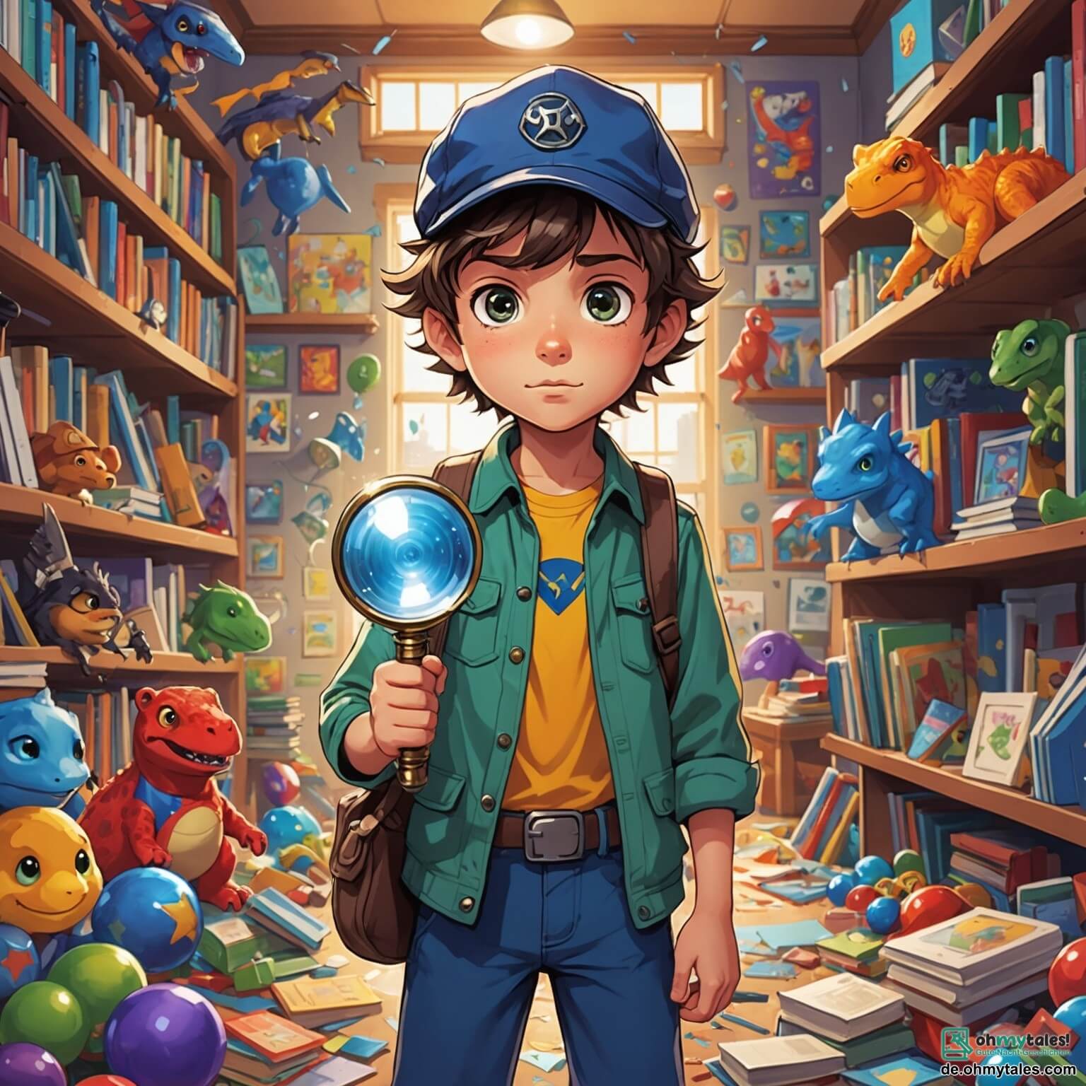 Une illustration destinée aux enfants représentant un garçon intrépide aux cheveux ébouriffés et aux yeux pétillants de curiosité, vêtu d'une casquette de détective et d'une loupe à la main, se tenant au milieu d'une pièce colorée remplie de jouets éparpillés, de livres aux couvertures brillantes et d'affiches de super-héros accrochées aux murs, alors qu'il se lance dans une enquête palpitante pour retrouver son précieux dinosaure en plastique disparu, aidé par sa meilleure amie, une fille pleine d'énergie aux couettes rebondissantes et au sourire éclatant, qui l'encourage avec enthousiasme tout en fouillant sous le lit et derrière les rideaux, le tout se déroulant dans la chambre lumineuse et joyeuse d'un petit garçon, où chaque coin cache un mystère à résoudre.