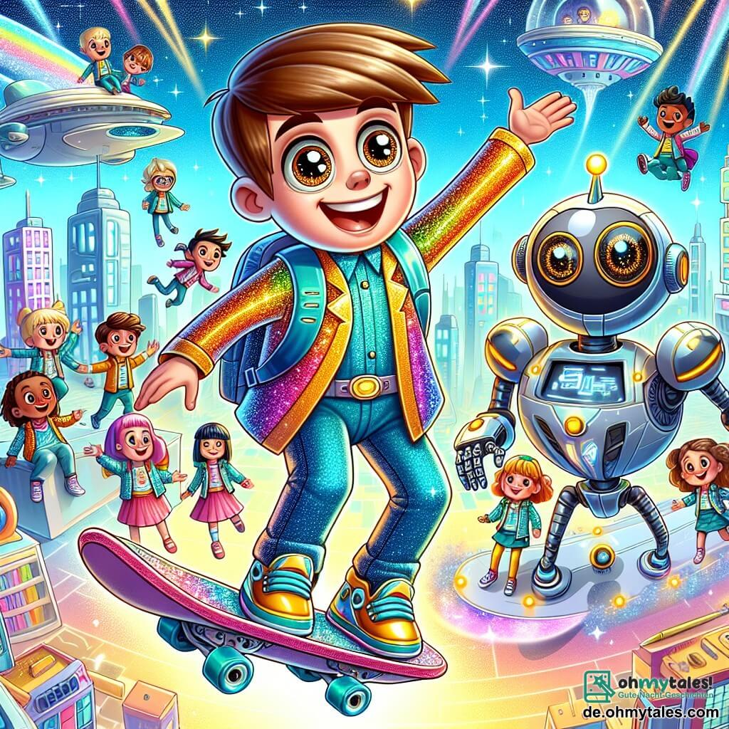 Une illustration sous forme de dessin destinée aux enfants représentant une école futuriste flottante dans la ville colorée de Glitzerville, avec un garçon de 5 ans aux cheveux bruns et aux yeux pétillants, portant un costume scintillant et s'amusant sur un skateboard volant, entouré de plusieurs enfants aux vêtements brillants, tous souriants et émerveillés par les inventions technologiques qui les entourent, tandis qu'un robot amical aux grands yeux ronds les guide dans leur exploration, le tout baigné dans une lumière éclatante et joyeuse.
