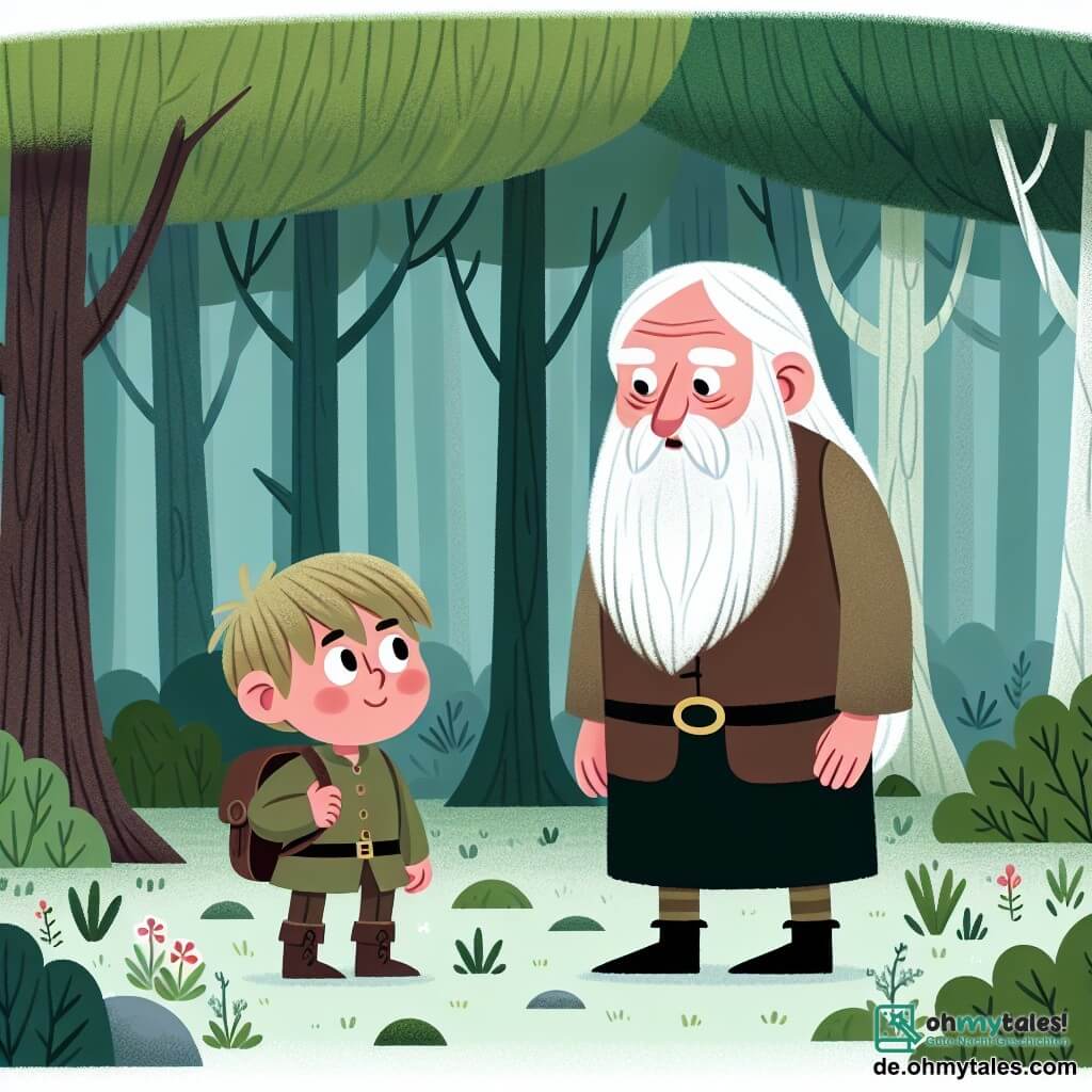 Une illustration destinée aux enfants représentant un petit garçon intrépide se tenant aux côtés d'un sage vieil homme à la longue barbe blanche, découvrant une mystérieuse et dense forêt aux arbres si hauts qu'ils cachent le ciel, avec un sol recouvert de mousse et de fleurs.