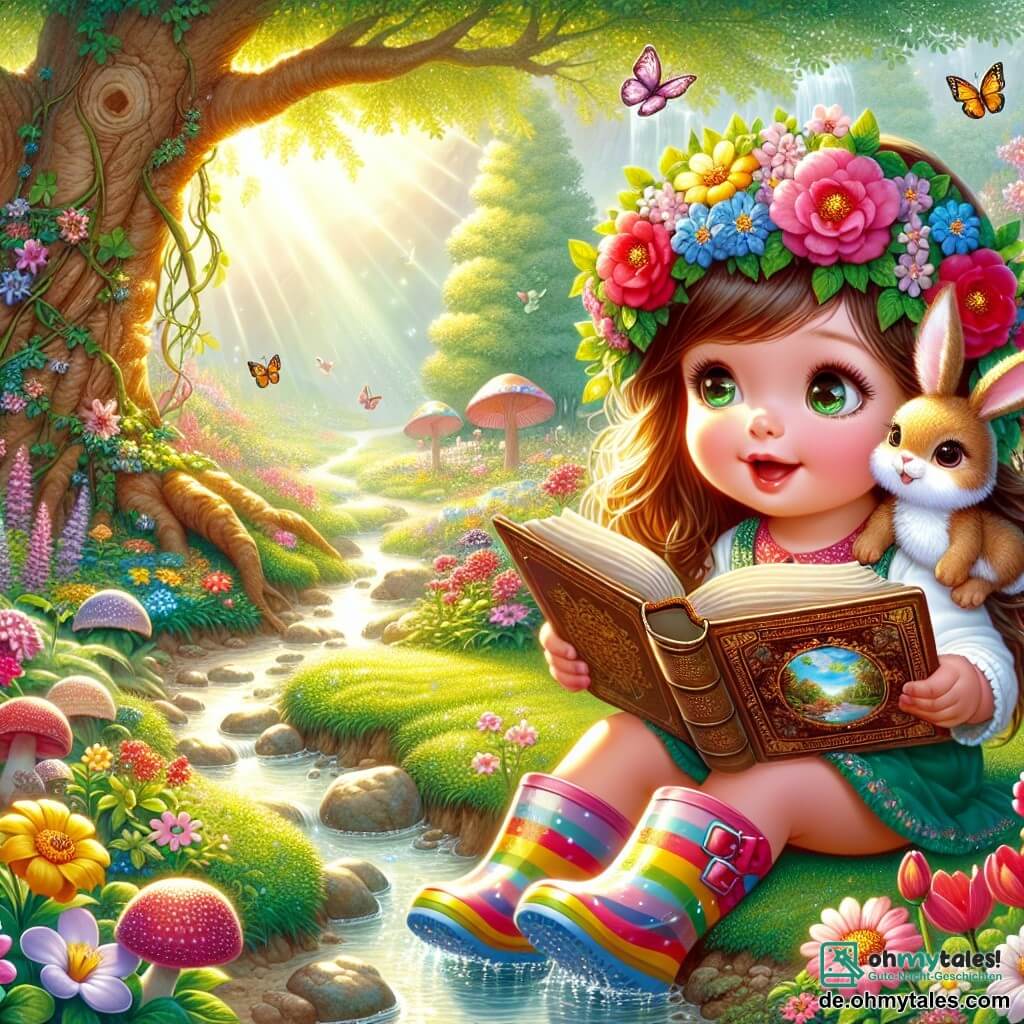 Eine Illustration zeigt einen geheimen Garten voller bunter Blumen, großer Bäume mit grünen Blättern und einem kleinen Bach, der sanft durch die Landschaft fließt. In der Mitte kniet ein 3-jähriges Mädchen mit langen braunen Haaren und neugierigen Augen, trägt einen Blumenhut und bunte Gummistiefel. Sie hält ein altes Buch mit einem glänzenden Einband und schaut staunend. Neben ihr sitzt ein kleiner Plüschhase mit großen Ohren und weichem Fell, der ihr aufmerksam zuhört. Die Szene strahlt eine magische und abenteuerliche Atmosphäre aus, mit Schmetterlingen, die umherfliegen, und Sonnenstrahlen, die durch die Äste der Bäume filtern. Details wie leuchtend bunte Blumen und glitzernde Blätter tragen zur Schönheit dieses bezaubernden Gartens bei.