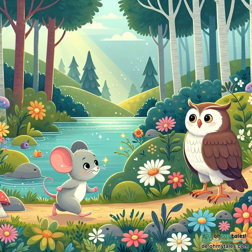 Une illustration destinée aux enfants représentant une petite souris courageuse et curieuse, accompagnée d'un sage hibou, se promenant dans un jardin enchanté rempli de fleurs colorées et d'un étang scintillant, au cœur d'une forêt mystérieuse.