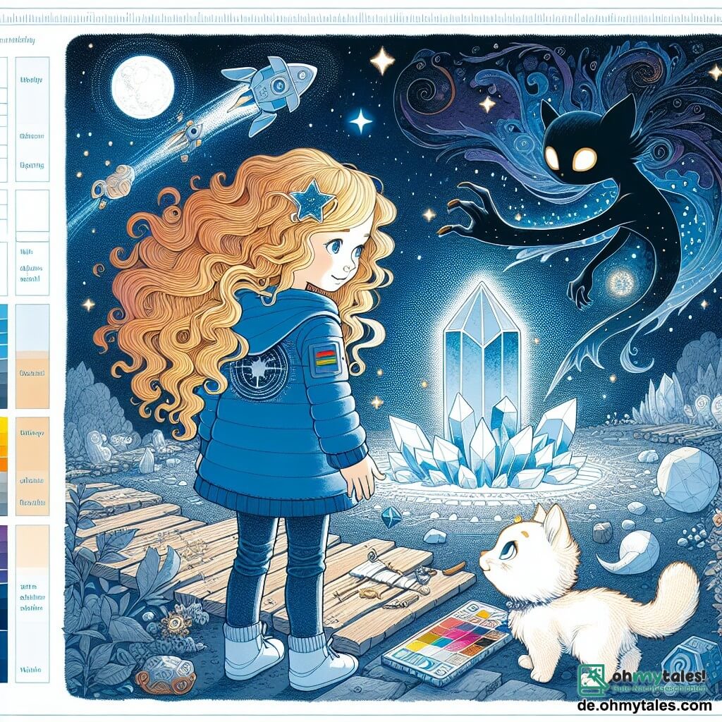 Une illustration sous forme de dessin destinée aux enfants représentant un jardin secret dans la mystérieuse Nebelwelt, où une jeune fille aux longs cheveux bouclés dorés, vêtue d'une veste spatiale bleue, se tient courageusement devant un grand cristal scintillant, tandis qu'un petit Felorien aux grands yeux ronds et au pelage doux l'encourage à ses côtés, alors qu'un sombre esprit de la nuit se profile en arrière-plan, menaçant de s'emparer du cristal magique, symbolisant la lutte entre la lumière et l'obscurité dans un univers rempli de couleurs vives et de magie.