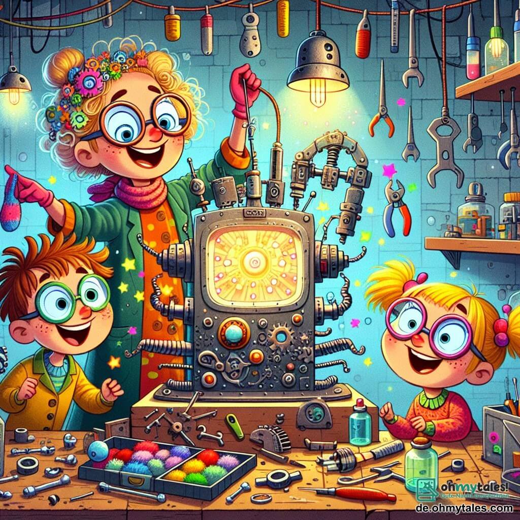 Eine Illustration zeigt ein charmantes kleines Atelier, das mit seltsamen, bunten Maschinen gefüllt ist, mit Werkzeugen, die von der Decke hängen, und Regalen, die über mit Ersatzteilen voll sind. In der Mitte arbeitet eine fröhliche Frau mit runden Brillen und zerzausten Haaren, die einen bunten Arbeitskittel trägt, an einer ungewöhnlich geformten Maschine mit Metallarmen und einem leuchtenden Bildschirm. Um sie herum schauen zwei Kinder, ein etwa 8-jähriger Junge mit zerzausten braunen Haaren und ein 7-jähriges Mädchen mit blonden Zöpfen, fasziniert auf die sich bewegende Maschine, lachen und zeigen auf eine Socke, die gerade von einem Arm der Maschine gefangen wurde. Die Szene zeigt die Frau in voller Aktion, umgeben von fliegenden Teilen und kleinen Energiestrahlen, während die Maschine mit ihrem lustigen Hut fröhlich arbeitet und eine Atmosphäre von Magie und Kreativität schafft. Lebendige Farben und freudige Ausdrücke erhellen das Atelier und fangen den Geist erfinderischer Verrücktheit und gemeinsamen Spaß ein.