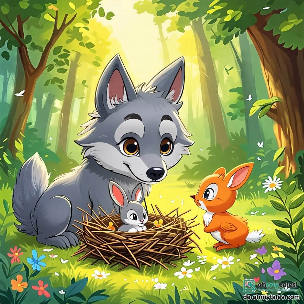 Une illustration sous forme de dessin destinée aux enfants représentant une clairière ensoleillée dans une forêt verdoyante, où un loup au pelage doux et gris, avec de grands yeux amicaux, construit un nid avec un petit lapin aux grandes oreilles et au pelage gris, tandis qu'un oisillon aux plumes colorées les observe avec espoir, illustrant l'esprit d'entraide et de camaraderie entre les animaux.