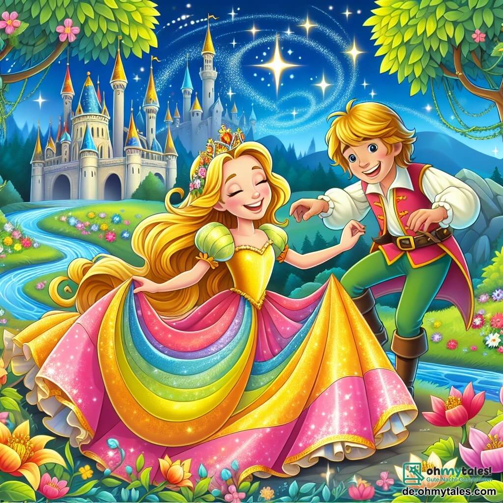 Une illustration destinée aux enfants représentant une princesse joyeuse aux cheveux dorés et au sourire éclatant, toujours prête à rire même quand elle trébuche sur sa longue robe colorée, qui se trouve au cœur d'un royaume enchanté où des arbres aux feuilles scintillantes dansent sous un ciel étoilé, accompagnée de son petit ami, un farceur espiègle avec un chapeau pointu, alors qu'ils s'apprêtent à découvrir les secrets d'un mystérieux et magnifique château entouré de fleurs chantantes et de ruisseaux aux eaux étincelantes.