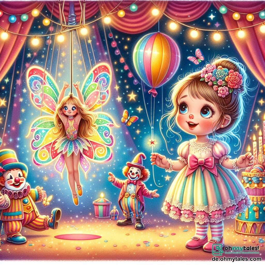 Une illustration destinée aux enfants représentant une petite fille émerveillée devant une trapéziste transformée en fée, accompagnée d'un clown rigolo, dans un chapiteau de cirque coloré avec des lumières scintillantes et des ballons multicolores.