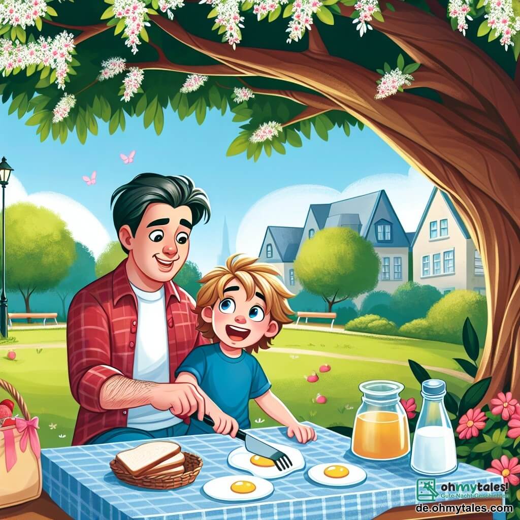 Une illustration destinée aux enfants représentant un garçon aux yeux pétillants, préparant un petit-déjeuner surprise avec son papa, sous un grand arbre fleuri au parc, pour une maman rayonnante.