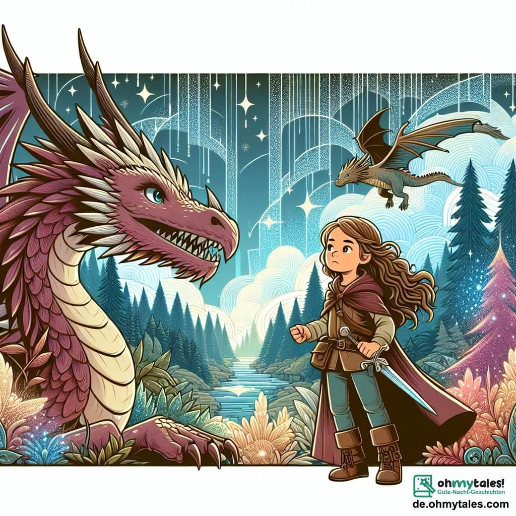 Une illustration destinée aux enfants représentant un dragon majestueux, une jeune fille courageuse, et un mystérieux bois scintillant où se déroule une aventure fantastique.