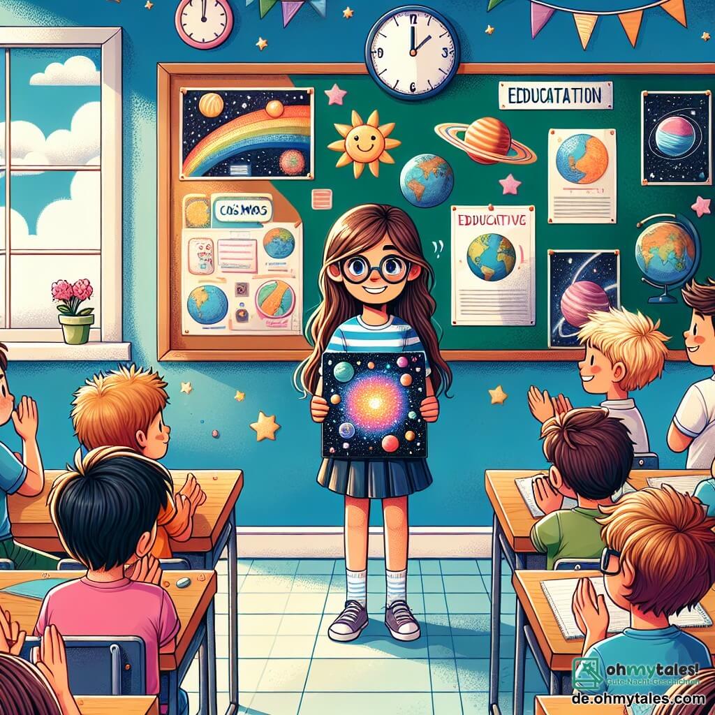 Illustration einer hellen und einladenden Klassenszene mit Wänden in lebhaften Farben, Bildungsplakaten an der Tafel und Fenstern, die Sonnenlicht hereinlassen. In der Mitte steht ein zehnjähriges Mädchen mit langen braunen Haaren und einer Brille vor ihren Mitschülern, mit einem schüchternen Lächeln im Gesicht und einem bunten Poster zum Thema Kosmos in der Hand. Neben ihr ermutigt ein gleichaltriger Junge mit zerzausten blonden Haaren und einem gestreiften T-Shirt sie mit einem selbstbewussten Blick und ist bereit zu helfen. Die anderen Schüler, die an ihren Schreibtischen sitzen, schauen aufmerksam zu, einige klatschen, andere lächeln, was eine Atmosphäre von Unterstützung und Ermutigung schafft. Im Hintergrund zeigt eine große Uhr, dass es Zeit für die Präsentation ist, was die Aufregung der Szene verstärkt.