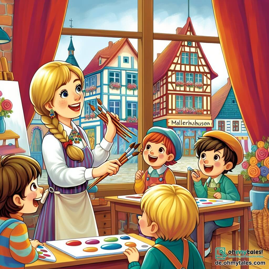 Une illustration destinée aux enfants représentant une artiste féminine talentueuse organisant un cours de peinture pour des enfants, accompagnée de quatre petits artistes enthousiastes, dans un atelier chaleureux et coloré de la petite ville de Malerhausen.