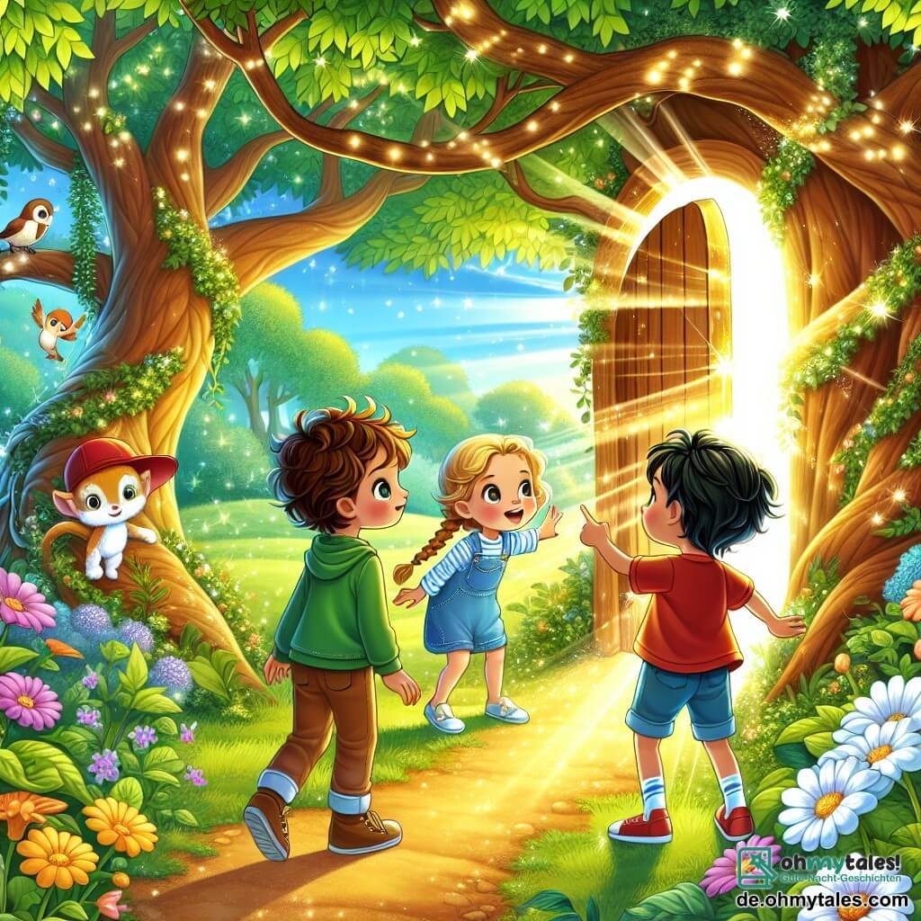 Eine Illustration zeigt eine magische Szene in einem sonnigen Garten, wo eine funkelnde Tür von zwei großen Bäumen mit leuchtend grünen Blättern umrahmt wird. Sonnenstrahlen filtern durch die Äste und erzeugen tanzende Schatten auf dem Boden. Im Vordergrund beugt sich ein vierjähriger Junge mit zerzausten braunen Haaren und neugierigen Augen, um die magische Tür zu berühren. Neben ihm steht ein vierjähriges Mädchen mit geflochtenen blonden Haaren und einem staunenden Lächeln, das fasziniert auf die Tür zeigt. Ein weiterer vierjähriger Junge mit schwarzen Haaren und einer roten Kappe schaut mutig umher, bereit für ein Abenteuer. Die Hauptsituation zeigt die drei Freunde, die vom Glanz der magischen Tür gefesselt sind und ihre Sehnsucht symbolisieren, unbekannte Welten zu erkunden. Im Hintergrund verleihen bunte Blumen und singende Vögel dieser verzauberten Szene Leben, während eine sanfte Brise die Blätter der Bäume tanzen lässt und die Atmosphäre von Abenteuer und Geheimnis verstärkt.