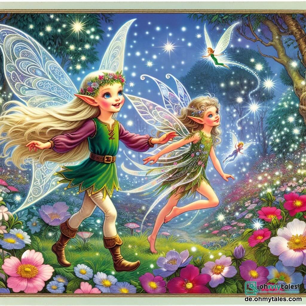 Une illustration destinée aux enfants représentant une jeune elfe aux yeux pétillants, accompagnée de son amie, une fée aux ailes chatoyantes, explorant un paysage magique rempli de fleurs qui dansent et d'arbres qui murmurent, dans le merveilleux royaume d'Elfenheim.