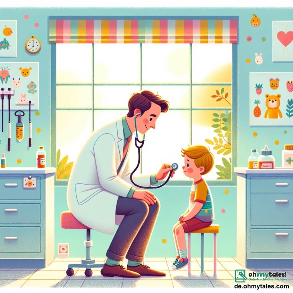 Illustration, die eine gemütliche Szene in einem kleinen Arztzimmer darstellt. Die Wände sind in Pastellblau gestrichen und mit bunten Zeichnungen von Tieren und Früchten geschmückt, während ein großes Fenster Sonnenlicht hereinlässt und den Raum erhellt. Die Hauptfigur ist ein Mann in seinen Dreißigern mit leicht gewellten braunen Haaren und einem freundlichen Lächeln. Er trägt einen makellosen weißen Kittel und ein Stethoskop um den Hals. Er hockt sich auf Augenhöhe zu einem kleinen Jungen und untersucht aufmerksam sein Herz mit einem Stethoskop, während er sanft mit ihm spricht. Die Nebenfigur ist ein etwa 7-jähriger Junge mit blonden Haaren und rosigen Wangen, der ein buntes T-Shirt und Shorts trägt. Er schaut den Arzt mit neugierigen Augen an, lächelt leicht und scheint durch die Anwesenheit des Arztes beruhigt zu sein. Die Hauptsituation zeigt den Arzt, der den kleinen Jungen, der sich leicht unwohl fühlt, beruhigt und ihm die Bedeutung der Gesundheitsvorsorge erklärt. Zusätzliche grafische Elemente umfassen ein kleines Medikamentenbehältnis auf dem Schreibtisch, ein lehrreiches Poster über Obst und Gemüse an der Wand und ein Plüschspielzeug auf dem Tisch, die der Illustration eine freundliche und einladende Note verleihen.