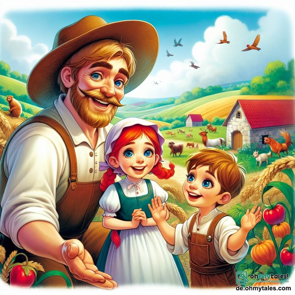 Une illustration destinée aux enfants représentant un fermier chaleureux, accueillant sa nièce curieuse aux cheveux roux et son neveu aventureux aux yeux pétillants, dans un paisible village entouré de collines verdoyantes où les animaux joyeux gambadent et les cultures colorées dansent au rythme du vent.