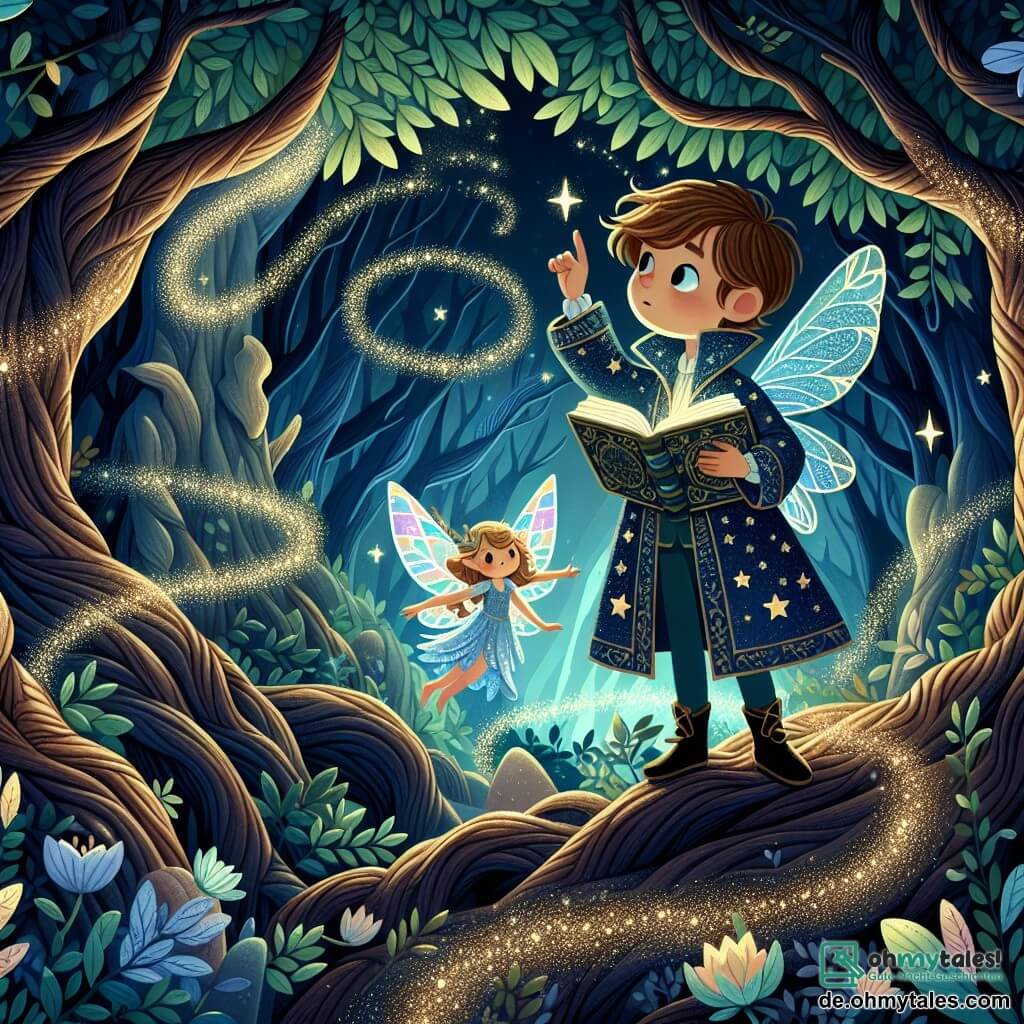Une illustration sous forme de dessin destinée aux enfants représentant une forêt enchantée, dense et mystérieuse, avec des arbres aux troncs noueux et des feuilles scintillantes, où un jeune garçon aux cheveux châtain clair, vêtu d'une robe de sorcier bleu avec des étoiles dorées, tient un ancien livre de magie ouvert devant lui, tandis qu'une petite fée aux ailes iridescentes et aux cheveux dorés, flottant à ses côtés, lui indique un chemin lumineux menant à une grotte sombre, symbolisant la quête pour briser un ancien fléau familial.