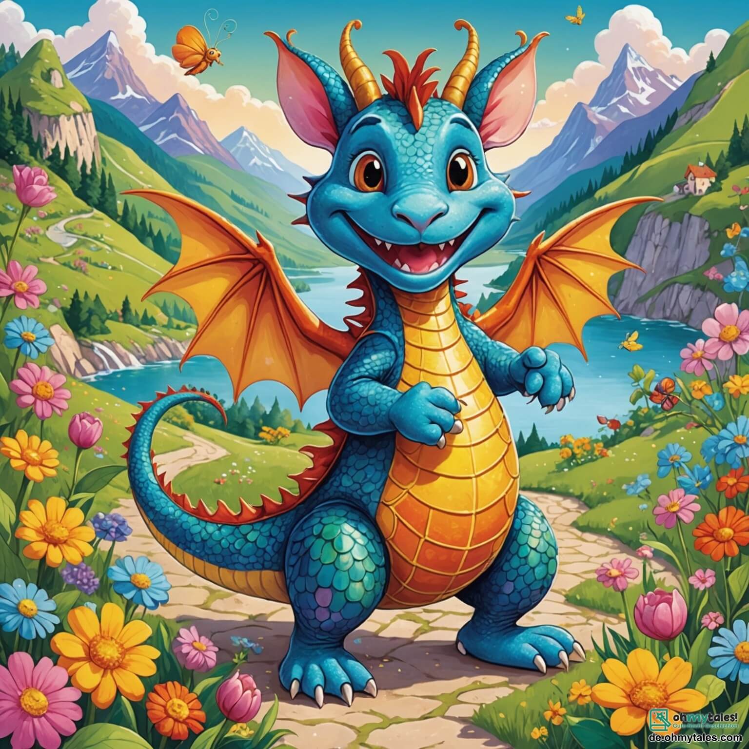 Une illustration destinée aux enfants représentant un petit dragon aux écailles scintillantes comme des étoiles, avec des yeux pétillants de malice et un sourire espiègle, qui, dans un monde féerique rempli de fleurs géantes aux couleurs vives et de rivières scintillantes serpentant à travers des collines en forme de bonbons, se retrouve en train de préparer une grande fête avec ses amis, une souris espiègle au pelage soyeux et un lapin timide aux grandes oreilles, tous deux joyeusement occupés à décorer le paysage enchanteur avec des guirlandes de feuilles chatoyantes et des ballons multicolores, tandis que le soleil brille haut dans un ciel bleu parsemé de nuages moelleux comme des guimauves.