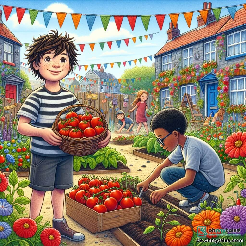 Illustration eines charmanten Gemeinschaftsgartens, gefüllt mit buntem Gemüse und leuchtenden Blumen, umgeben von kleinen Häusern mit bunten Wänden, während Kinder fröhlich im Hintergrund spielen. Im Vordergrund lächelt ein 11-jähriger Junge mit unordentlichen braunen Haaren, der ein gestreiftes T-Shirt und Shorts trägt, während er einen Korb mit roten, saftigen Tomaten hält. Neben ihm pflanzt ein anderer Junge, ebenfalls etwa 11 Jahre alt, mit schwarzen Haaren und einer Brille konzentriert und begeistert Samen in den Boden. Die Szene strahlt eine Atmosphäre von Kameradschaft und Solidarität aus und zeigt den Gemeinschaftsgeist und die Freude am Teilen der Ernte. Bunte Girlanden wehen über ihnen und verleihen der Umgebung eine festliche Note.