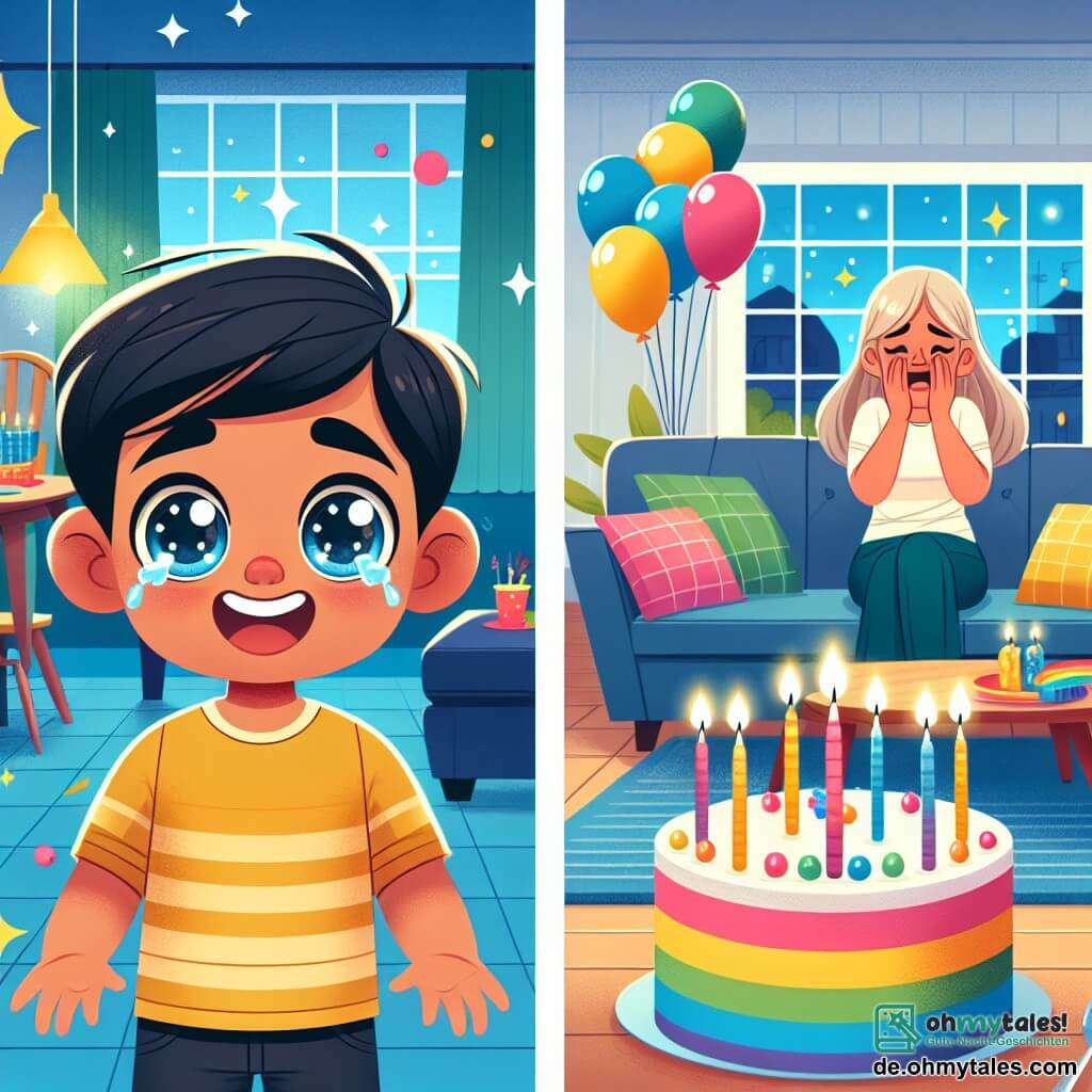 Une illustration destinée aux enfants représentant un petit garçon aux yeux pétillants, une fête d'anniversaire joyeuse, sa mère en larmes et un salon lumineux et coloré avec des ballons et un gâteau arc-en-ciel.