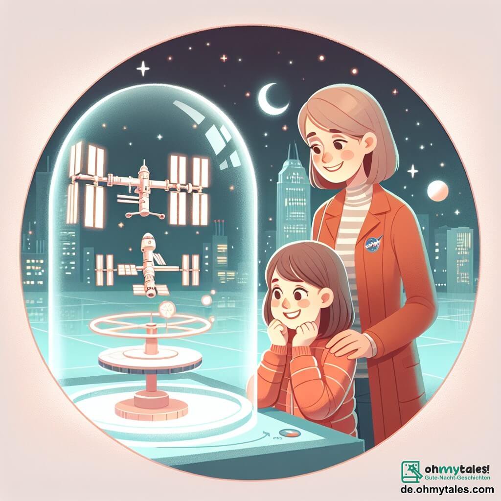 Une illustration destinée aux enfants représentant une jeune fille rêvant de devenir astronaute, accompagnée de sa maman souriante, observant avec émerveillement la maquette de la Station Spatiale Internationale (ISS) dans un grand dôme lumineux du planétarium de la ville.