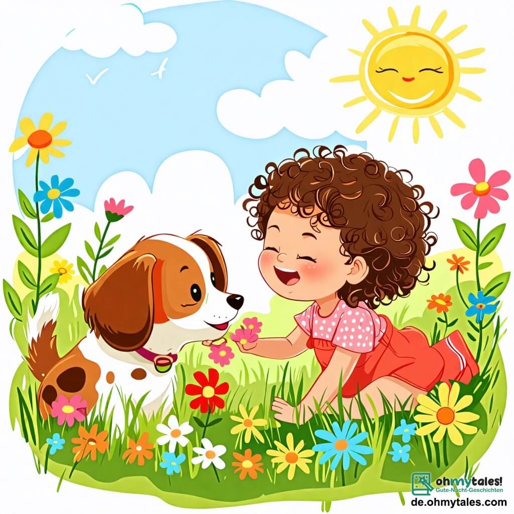 Une illustration sous forme de dessin destinée aux enfants représentant un jardin ensoleillé rempli de fleurs colorées, où une petite fille de 2 ans aux cheveux bouclés et aux yeux pétillants, allongée dans l'herbe verte, rit joyeusement en jouant avec son meilleur ami, un petit chien au pelage brun et doux, qui renifle une fleur à côté d'eux, illustrant ainsi leur belle amitié et leur bonheur partagé dans ce moment de jeu.