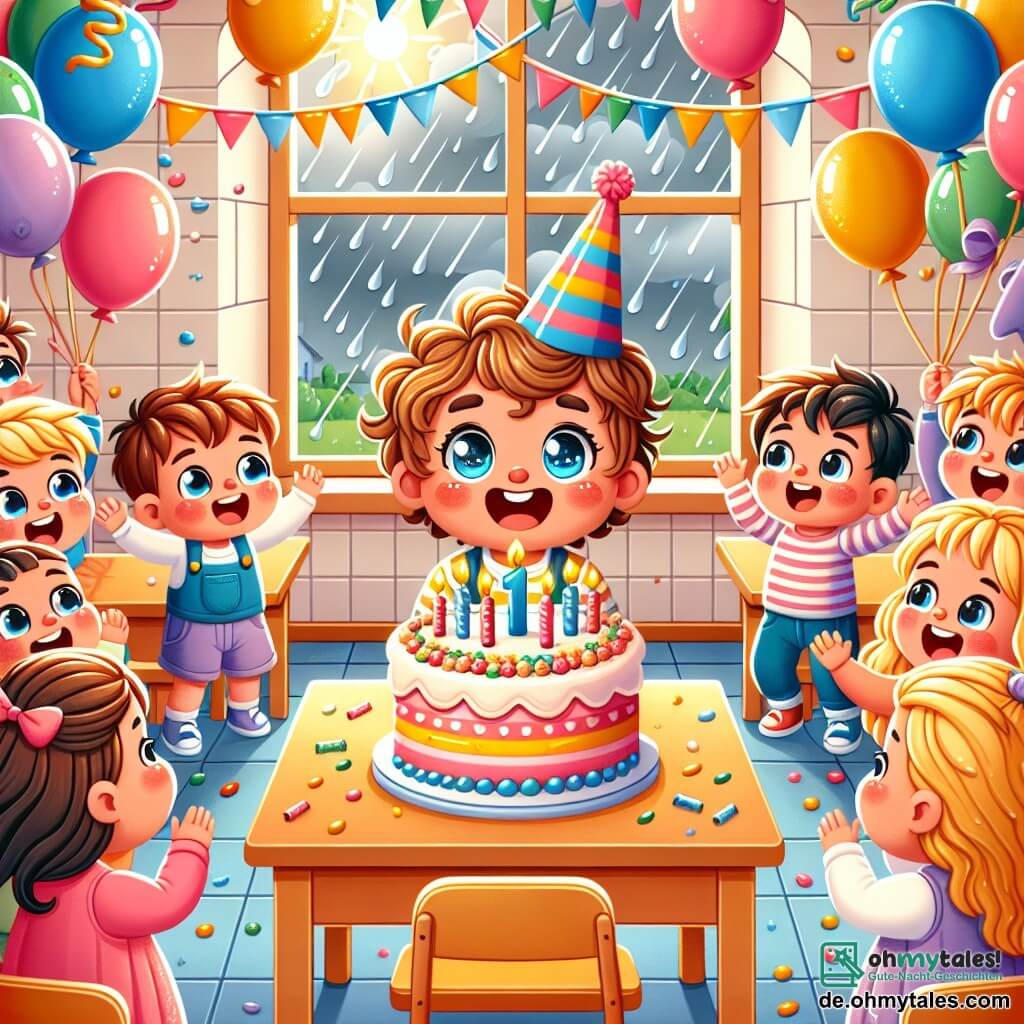 Une illustration sous forme de dessin destinée aux enfants représentant une salle de classe lumineuse décorée de ballons colorés et de guirlandes, avec un garçon de 1 an aux cheveux bouclés et aux yeux pétillants, souriant joyeusement devant un grand gâteau d'anniversaire, entouré de ses amis, des garçons et des filles aux cheveux châtains et blonds, qui chantent et applaudissent, créant une atmosphère festive et chaleureuse, tandis qu'à travers la fenêtre, on aperçoit des gouttes de pluie, symbolisant le contraste entre la tristesse initiale et la joie de l'anniversaire.