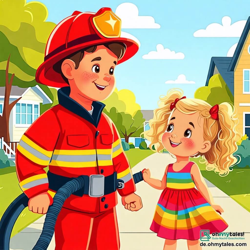 Une illustration sous forme de dessin destinée aux enfants représentant une scène animée dans un quartier ensoleillé, avec un pompier homme aux cheveux bruns, portant une combinaison rouge et un casque, souriant tout en tenant un grand tuyau d'incendie, tandis qu'une petite fille aux cheveux blonds et bouclés, vêtue d'une robe colorée, l'observe avec admiration, alors qu'ils discutent joyeusement de l'importance des pompiers et de leur travail héroïque pour sauver les chats et éteindre les feux.