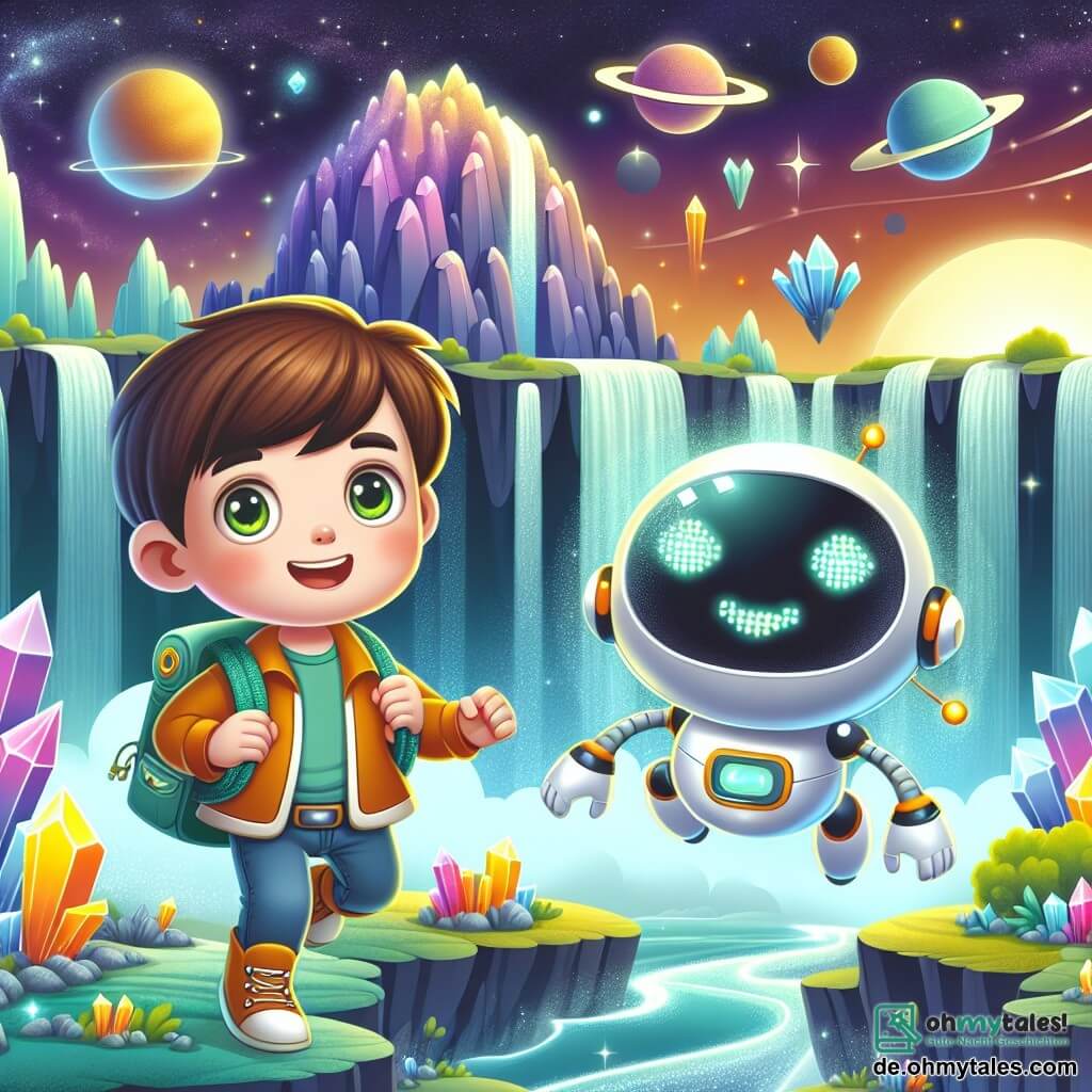 Une illustration destinée aux enfants représentant un jeune garçon aux cheveux bruns et aux yeux verts, embarqué dans une aventure spatiale aux côtés d'un petit robot lumineux, sur un planète fantastique aux schwebenden Inseln, où les cascades s'élèvent dans les airs et les cristaux brillent de mille couleurs.