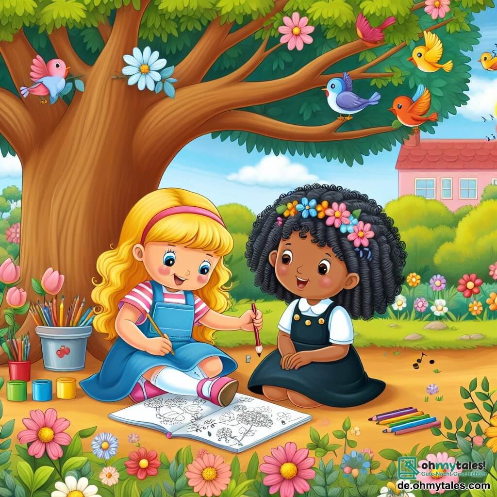 Une illustration destinée aux enfants représentant une petite fille aux cheveux blonds, assise sous un grand arbre, en train de dessiner avec une autre petite fille aux belles boucles noires, dans un jardin d'école coloré rempli de fleurs et d'oiseaux chantants.