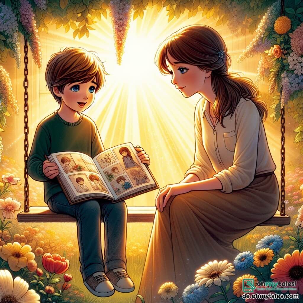 Une illustration sous forme de dessin destinée aux enfants représentant un jardin en fleurs baigné par la lumière dorée du soleil couchant, où un garçon de 11 ans aux cheveux bruns et aux yeux bleus, assis sur une petite balançoire, tient un livre rempli de souvenirs et de dessins, tandis qu'une femme au visage doux, avec des cheveux châtains et un sourire réconfortant, l'observe avec tendresse, évoquant un moment de partage et de mémoire après la perte d'un être cher.
