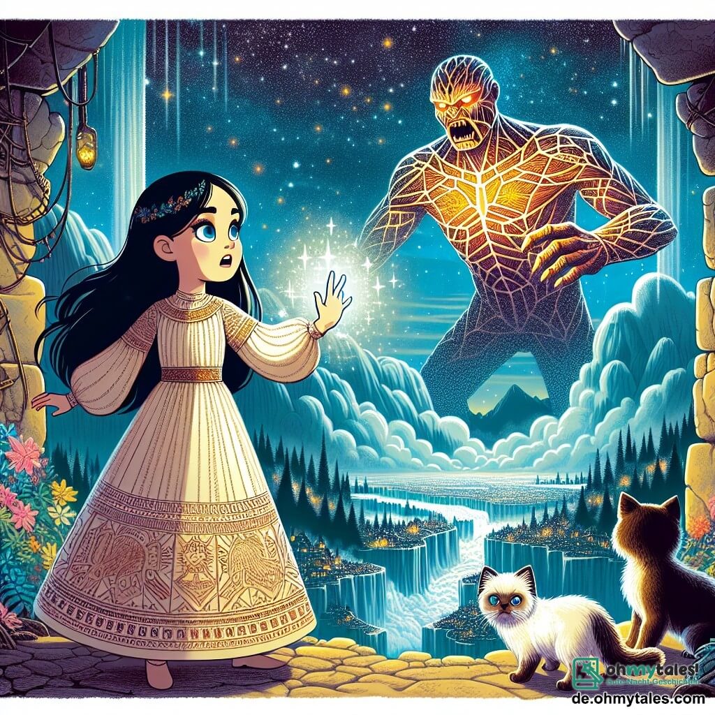 Une illustration sous forme de dessin destinée aux enfants représentant une vaste oasis enchantée, baignée par la lumière d'un ciel étoilé, où une jeune femme aux longs cheveux noirs et aux yeux brillants, vêtue d'une robe flottante ornée de motifs anciens, se tient courageusement face à un titan colossal aux yeux ardents, tandis qu'un petit chaton aux poils soyeux et aux yeux pétillants observe la scène avec curiosité, capturant le moment où la jeune femme brandit un cristal lumineux, symbole de son pouvoir, pour défier le titan qui menace de détruire son village.