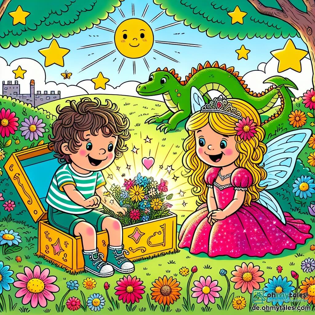 Une illustration sous forme de dessin destinée aux enfants représentant un jardin ensoleillé rempli de fleurs colorées, où un garçon de 3 ans aux cheveux bruns et bouclés, portant un t-shirt rayé et un short, est assis dans une boîte magique brillante, avec des étoiles scintillantes autour de lui ; à ses côtés, une princesse aux longs cheveux blonds, vêtue d'une robe rose étincelante, sourit joyeusement tout en tenant un panier rempli de fleurs, tandis qu'un dragon vert aux yeux doux, perché sur une colline, regarde curieusement la scène, illustrant le moment où ils préparent un plan pour attirer le dragon et sauver les moutons volés.