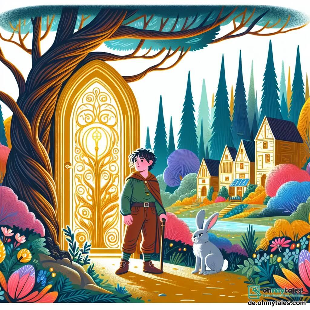 Une illustration destinée aux enfants représentant un courageux garçon se tenant devant une mystérieuse porte dorée, accompagné d'un sage lapin gris, dans un paisible village entouré d'un grand, mystique et coloré forêt aux arbres géants et aux fleurs lumineuses.