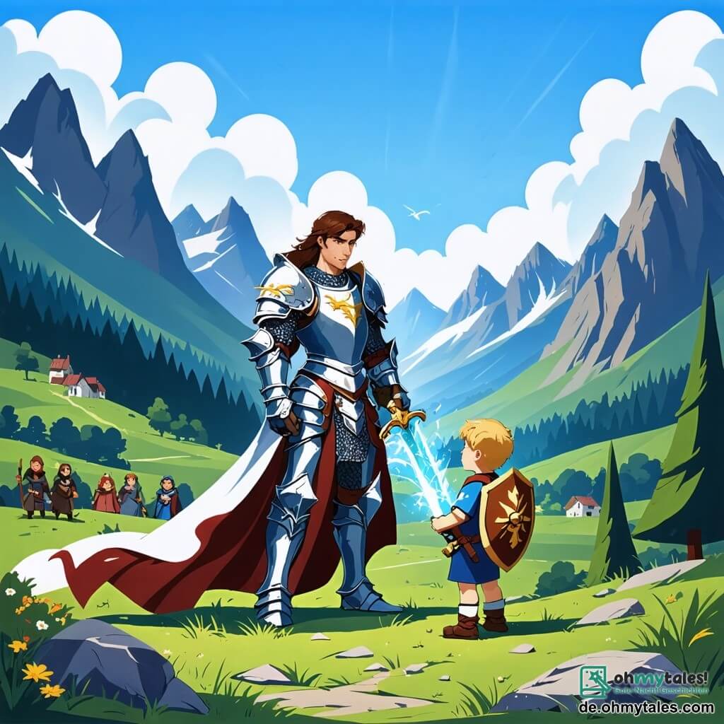 Eine Illustration zeigt eine epische Szene in einem grünen Tal, umgeben von majestätischen Bergen unter einem strahlend blauen Himmel. Im Zentrum steht ein mutiger Ritter, ein etwa 30-jähriger Mann, der eine glänzende Rüstung mit Drachenmotiven trägt. Sein Gesicht ist entschlossen, mit braunen Haaren, die im Wind wehen, und er schwingt ein funkelndes Schwert, bereit, sein Königreich zu verteidigen. An seiner Seite beobachtet ein etwa 10-jähriger Junge mit blonden Haaren und funkelnden Augen bewundernd, während er ein kleines Holzschild hält. Im Hintergrund stehen besorgte Dorfbewohner in sicherer Entfernung und betrachten die Szene hoffnungsvoll. Die Spannung ist spürbar, während der Ritter sich darauf vorbereitet, einem bedrohlichen Drachen entgegenzutreten, der am Himmel schwebt, dessen glänzende Schuppen das Sonnenlicht reflektieren. Bunte Blumen und majestätische Bäume verleihen dieser Illustration einen Hauch von Magie und symbolisieren die Schönheit des bedrohten Königreichs.