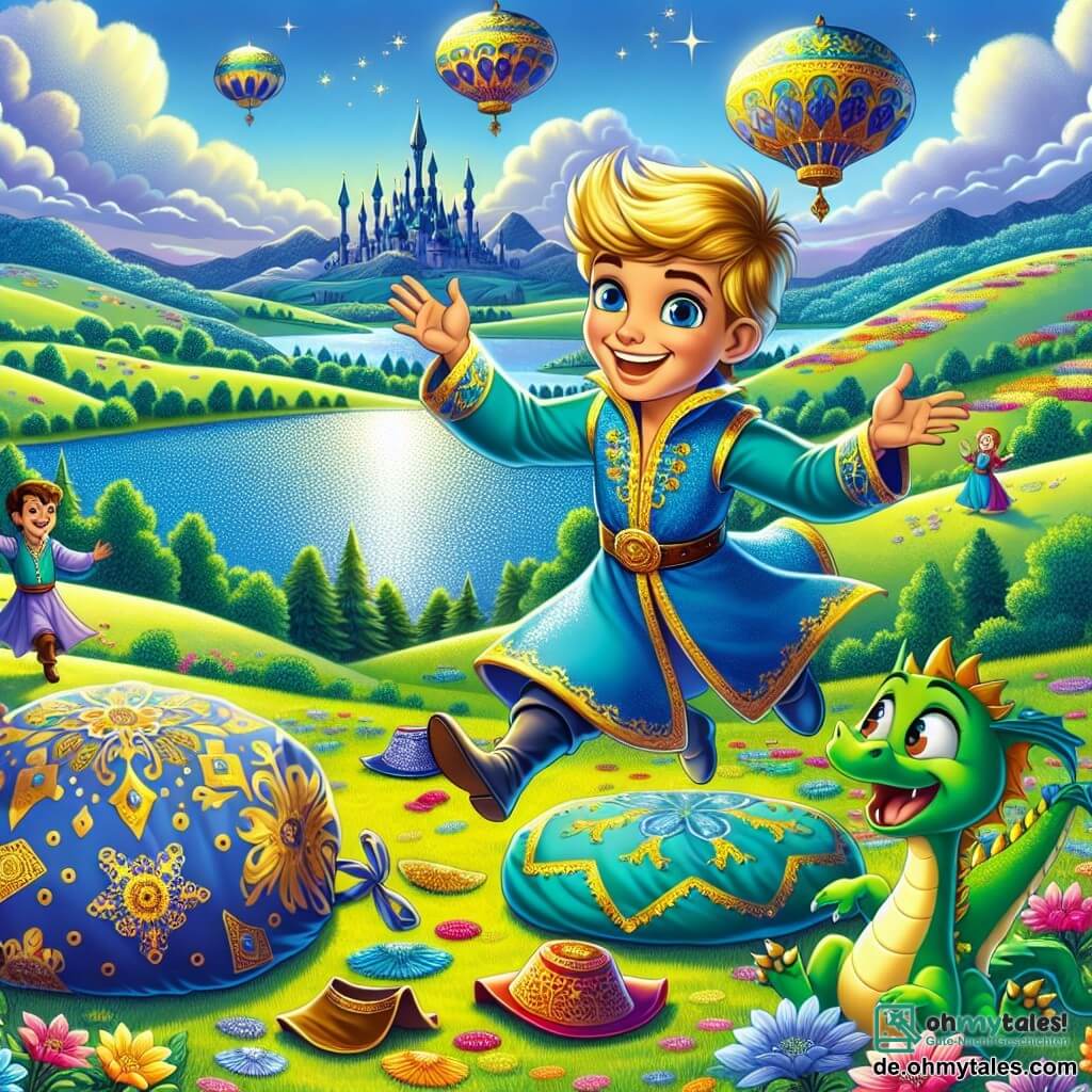 Illustration destinée aux enfants représentant un magnifique royaume enchanté, où un ciel bleu éclatant se mêle à des collines verdoyantes parsemées de fleurs colorées et d'un scintillant lac aux reflets d'argent. Au centre de la scène, un jeune prince aux cheveux dorés et aux yeux pétillants de malice, vêtu d'une tunique bleue ornée de motifs dorés, danse joyeusement avec un grand sourire sur le visage, entouré de ses deux amis drôles : un dragon vert aux yeux ronds et curieux, qui s'amuse à faire des pirouettes, et un dragon rose, plus timide, qui rit en essayant de suivre le rythme. Ensemble, ils célèbrent leur amitié en dansant autour d'une grande trousse remplie de chapeaux colorés, tandis que des éclats de rire résonnent dans l'air, créant une atmosphère joyeuse et magique.