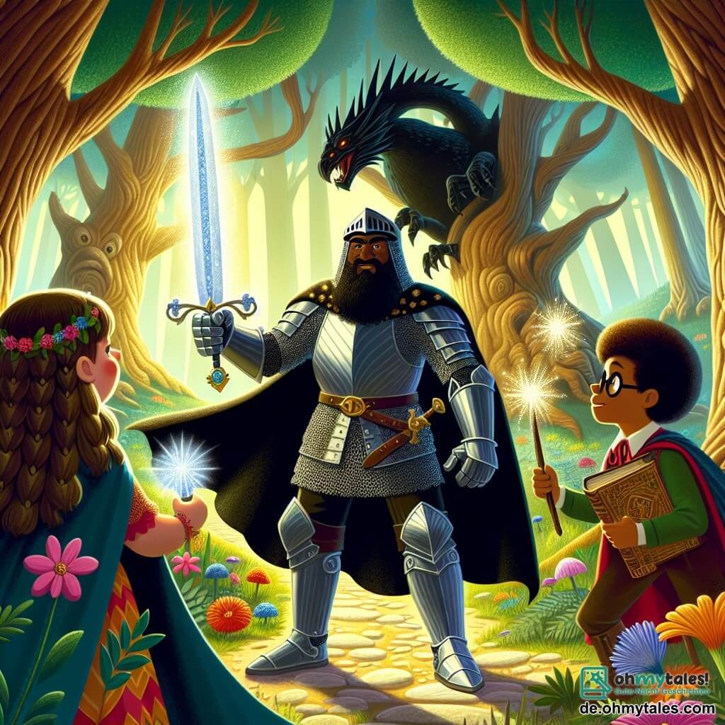 Illustration einer Szene in einem verzauberten Wald, wo große, knorrige Bäume gen Himmel ragen und ihr leuchtend grünes Laub das Sonnenlicht filtert. In der Mitte steht ein(e) Ritter(in) in strahlender Rüstung, mit einem Helm, der mit bunten Federn geschmückt ist, und schwingt ein funkelndes Schwert, bereit, einem Drachen gegenüberzutreten. Sein/ihr Gesicht ist entschlossen, mit mutigen, funkelnden Augen. An seiner/ihrer Seite steht ein etwa 10-jähriges Mädchen mit langen, geflochtenen blonden Haaren, das ein buntes Kleid trägt und den Ritter mit Bewunderung ansieht, während sie einen glitzernden Zauberstab hält. Ein etwa 12-jähriger Junge mit Brille und Magierrobe beobachtet aufmerksam mit einem alten Buch in der Hand, bereit, ein Geheimnis zu lösen. Im Hintergrund zeichnet sich ein massiver Schatten am Eingang einer Höhle ab, was auf die Anwesenheit des Drachen hinweist, während bunte Blumen und neugierige Tiere der Szene einen Hauch von Magie verleihen.