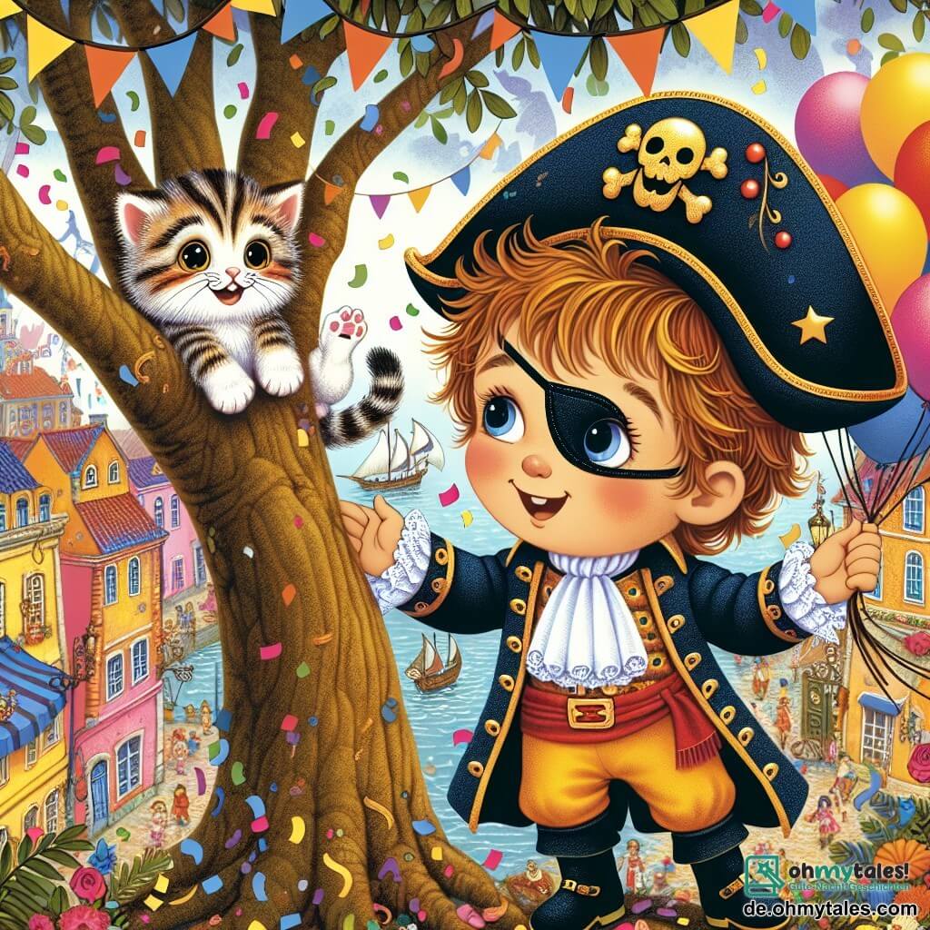 Une illustration destinée aux enfants représentant un garçon joyeux en costume de pirate, rencontrant une petite chatte coincée dans un arbre, dans une ville colorée remplie de ballons et de confettis lors du carnaval.