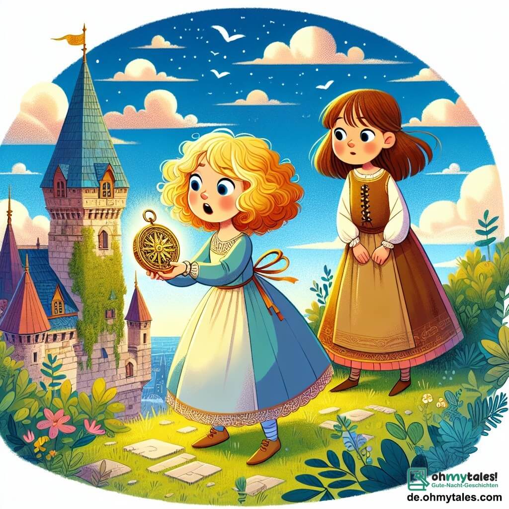 Une illustration sous forme de dessin destinée aux enfants représentant une scène colorée sur un toit de château médiéval, avec une fille de 9 ans aux cheveux bouclés et dorés, vêtue d'une robe simple, tenant un mystérieux compas doré qui brille dans sa main, tandis qu'à ses côtés se tient une jeune fille aux cheveux bruns, habillée en paysanne, qui regarde avec émerveillement le compas, le tout sous un ciel bleu parsemé de nuages, illustrant le moment où elles découvrent ensemble le pouvoir du voyage dans le temps.